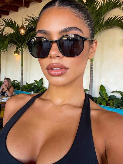 Black Retro Geometric Frame Plastic Sunglasses, Classic Style For Outdoor Travel Beach Vacation Casual Wear, Summer UV Protection Driving Glasses Unisex