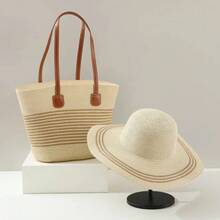 Conjunto de bolso y sombrero tejido de paja de gran capacidad, sombrilla de viaje al aire libre, bolso de mano adelgazante con ala grande, estilo de bolso de cubo a la moda - Caqui de cinco granos - Ver 6