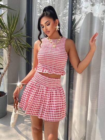 AIJ Amarilo 女士红白格纹两件套 - 无袖褶皱荷叶边上衣和迷你裙，性感沙滩度假装，夏季
