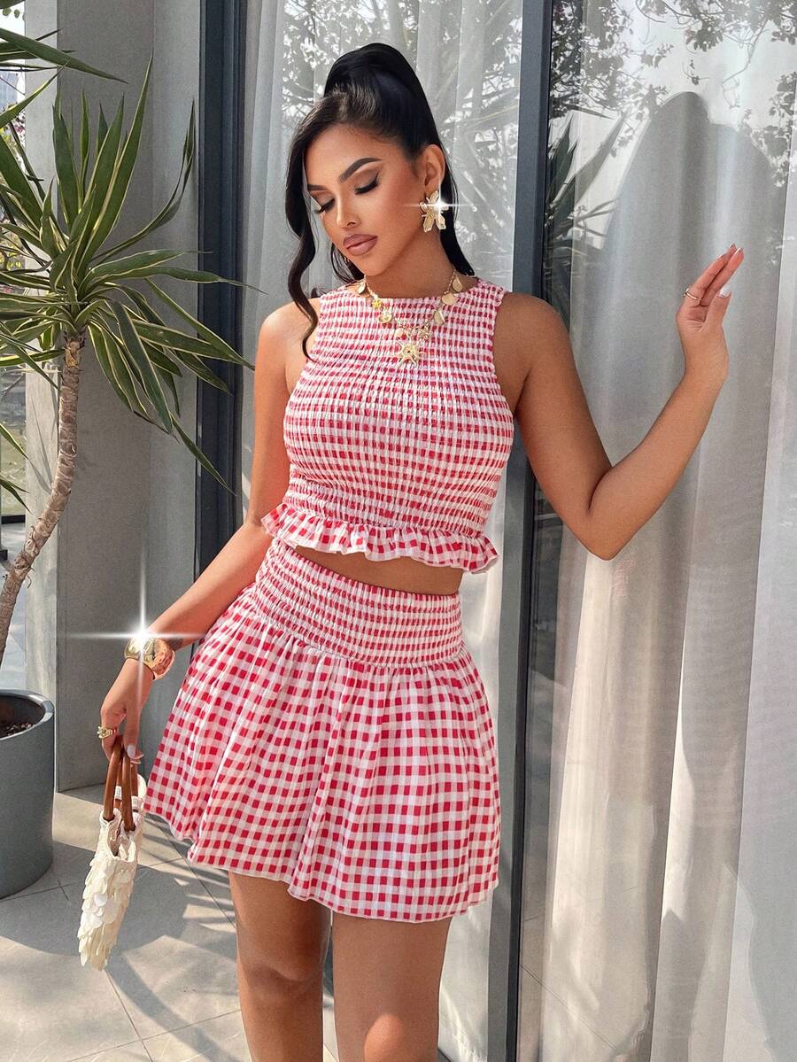 AIJ Amarilo 女士红白格纹两件套 - 无袖褶皱荷叶边上衣和迷你裙，性感沙滩度假装，夏季 - 紅粉紅色 - 查看 1