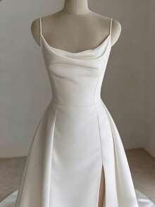 Dainty Spaghetti Strap A-Line Wedding Dress With Thigh High Slit – Glossy Satin Gown With Slim Straps And Elegant Flow, Perfect For Wedding Ceremonies, Christmas Balls, Halloween Parties, Prom Celebrations, Birthday Galas, And Nighttime Events. Great For Nuptial Occasions, Festive Parties, Bridal Functions, Vacation Events, Formal Dinners, Graduation Balls, Homecoming Nights, Cocktail Receptions, And Wedding Guest Engagements. - 白色 - 查看 2