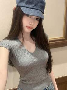 新款春夏休闲V领扭结修身灰色针织短袖上衣 - 花灰色 - 查看 5