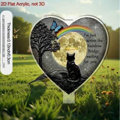 1pc 2D Flat Grave Memorial With Stand, Acrylic Stand Decor Cat Gazing At Moon And Rainbow, Pet Gravestone, Outdoor Memorial Stand, Eternal Flame Of Love