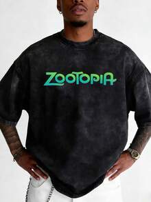 Disney-Zootopia Judnik T-Shirt From Zootopia, A Crazy Animal City, Retro Distressed Washed Cartoon Printed Short Sleeved Shirt For Men And Women, Loose Half Sleeved Top For Couples - 黑色 - 查看 2