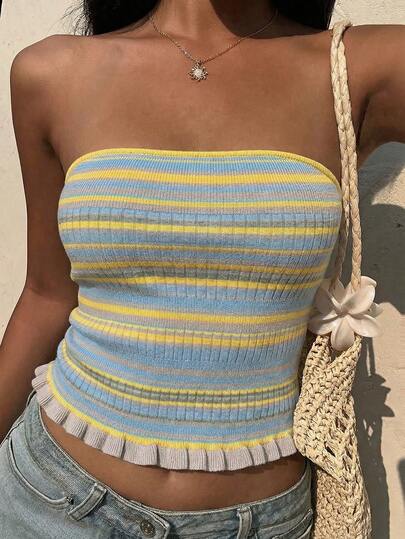 2026 Spring/Summer New Women's Light Blue And Lemon Yellow Striped Backless Knit Top, Fashionable And Elegant Casual With Ruffle Hem, Knit Fabric, Suitable For Beach Vacation, Playful And Vintage Vibe, Sexy Boho, Beach Romance, Beach Holiday, Outdoor Picnic, Cafe Gathering, Music Festival, Carnival, Party, Valentine's Day, Date And More