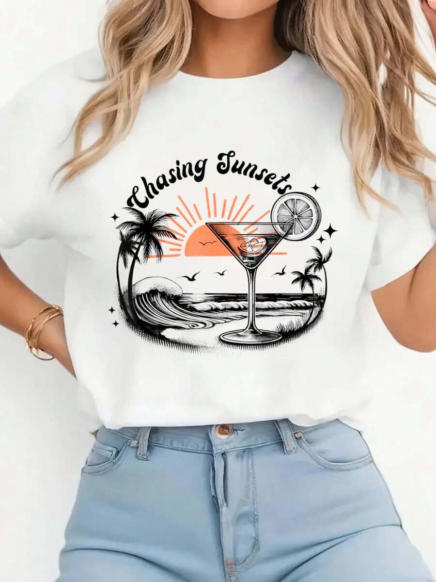 Chasing Sunsets Summer Tropical Beach Vacation Palm Trees T-Shirt Short Sleeve Crew Neck Casual Top For Summer & Spring, Women's Clothing - 白色 - 查看 1