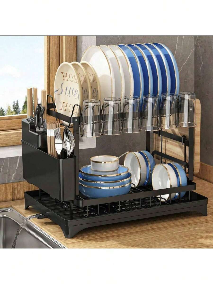 Bộ giá phơi bát đĩa 2 tầng màu đen trắng đặt trên bồn rửa - Có thể tháo rời, dung tích lớn, kèm khay thoát nước và giá đựng dụng cụ. - Nhiều màu - Xem 1