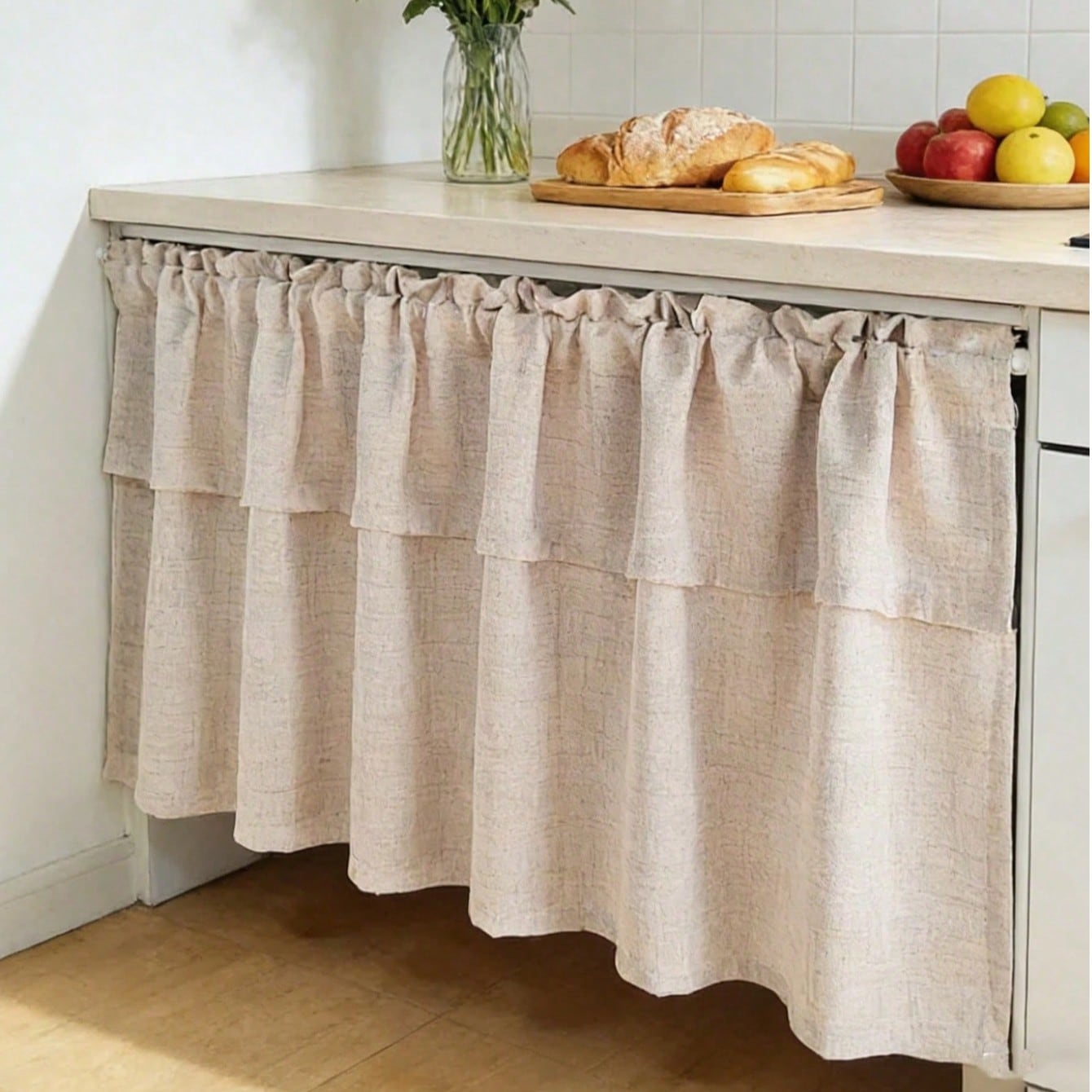 Pieza Cortina de cocina de lino beige con ojales, cortina semitransparente y semiopaca, cortina para sala de estar y dormitorio que reduce el ruido y