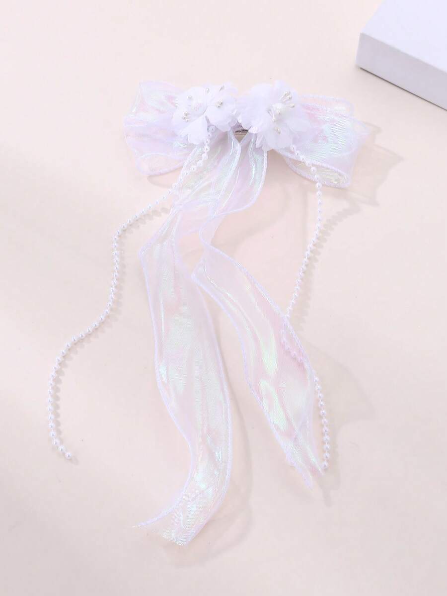 1pc Women's Fashion Elegant Mesh Flower Bow Pearl Hair Clip, Suitable For Daily, Festivals, Weddings, Parties, Hair Claws, Hair Slide, Hair Barrettes - Multicolor - View 1