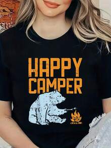 Camiseta con Estampado de Oso Feliz de Campamento, Vacaciones, Senderismo, Fogata, Regalo de Camping, Camisetas Gráficas para Mujer - Negro - Ver 6
