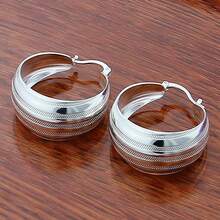 925纯银镀层圆形条纹耳环，女士婚礼订婚生日圣诞派对礼物，魅力饰品 - 銀色 - 查看 3