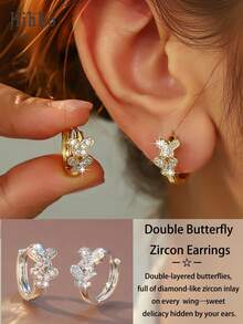 1 Pair Romantic Layered Butterfly Earrings With Paved Round Zirconia Simulated Petals And Center, Visually Dimensional And Dynamic, Fashionable Earrings For Women To Wear Daily - Butterfly Earrings - View 1