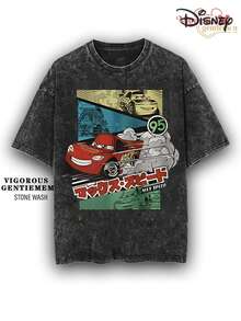 Disney Cars Lightning McQueen Max Speed Stone Wash Cotton 180g Streetwear Tee - 黑色 - 查看 1
