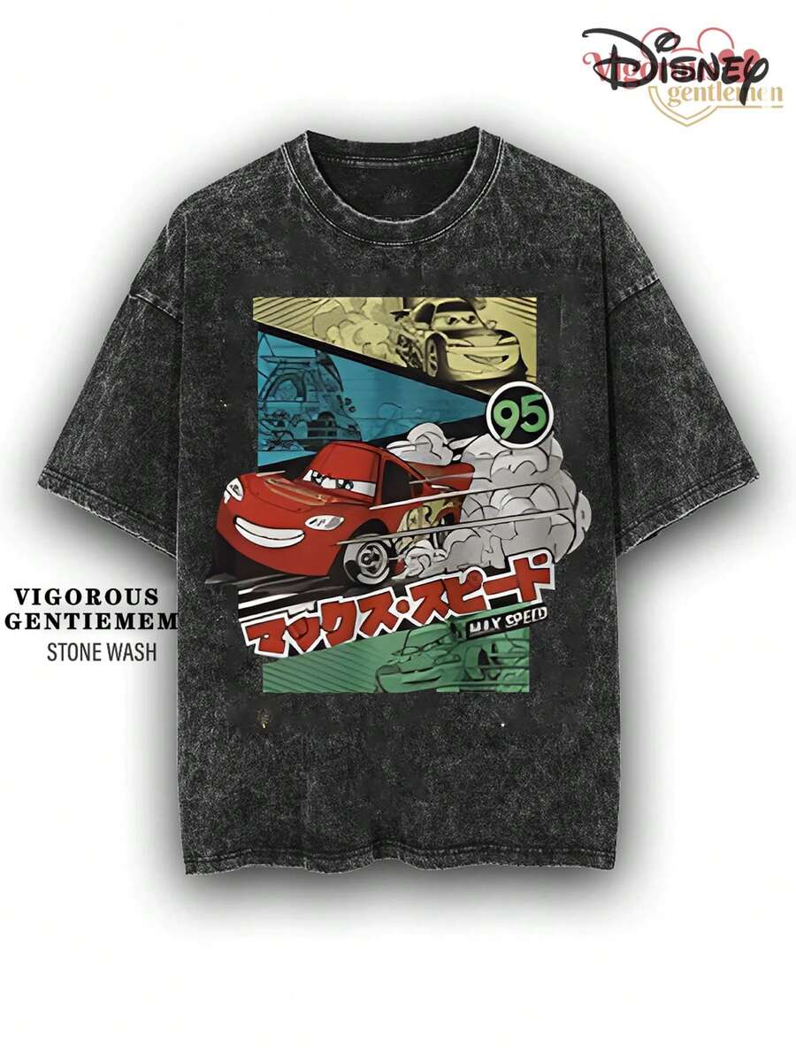 Disney Cars Lightning McQueen Max Speed Stone Wash Cotton 180g Streetwear Tee - 黑色 - 查看 1