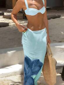 情人节春夏新款海滩度假派对藏蓝色优雅性感三件套比基尼：带衬垫抹胸上衣 + 渐变印花长裙 - 彩色 - 查看 6