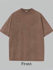 Effortless Style Women's Brown Washed Effect Casual Longline Cotton Tee Shirt With Crew Neck And Drop Shoulder Short Sleeves - 摩卡棕 - 查看 2