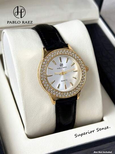 Pablo Raez 1 pieza Reloj de joyería de oro de 18K para señora, reloj de vestir de lujo con cristales encantadores, accesorios originales de acero inoxidable, diseño elegante con diamantes brillantes, reloj de cuarzo de marca superior de alta calidad para mujeres y adolescentes, esfera de 34mm, resistente al agua 50M, correa suave y transpirable