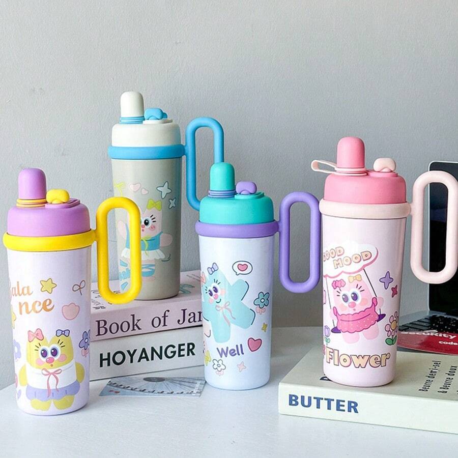 1pc Cartoon 316 Stainless Steel Insulated Coffee Cup, Large Capacity Straw Tumbler With Handle, Suitable For Valentine's Day, Spring Festival, Father's Day, Mother's Day, Teacher's Day, New Year, Qixi Festival, Halloween, Easter, National Day, Children's Day, Women's Day, And Other Occasions - Multicolor - View 1