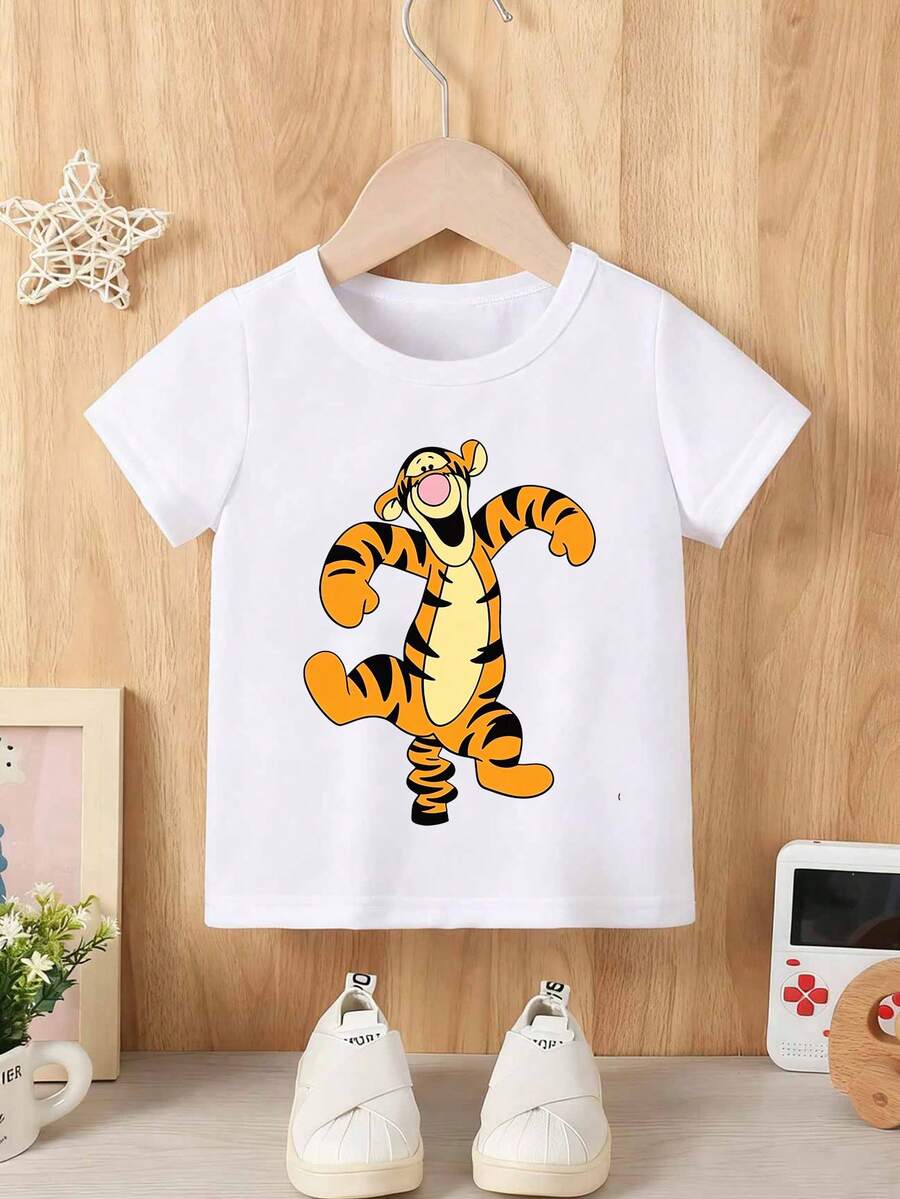 Disney Baby Boy T-Shirt, Featuring A Creative Tiger Jumping Character Cartoon Pattern Print. Spring/Summer Style Baby Round-Neck T-Shirt, With Soft, Comfortable And Breathable Fabric. Suitable For Daily Wear, And More Suitable As A Beautiful Gift. - trắng - Xem 1
