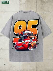 Disney-Car Mobilization Lightning McQueen Bent Teeth T-Shirt Retro Distressed Washed Cartoon Print Short Sleeved Shirt For Men And Women, Loose Half Sleeved Top For Couples - Màu Xám nhạt - Xem 4