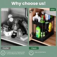 1 Piece Under Sink Organizer & Storage, 2-Tier Sliding Basket Organizer With Hooks, Multi-Purpose Under Sink Organizer & Storage For Bathroom And Kitchen, Made Of Metal And Plastic - Multicolor - View 8