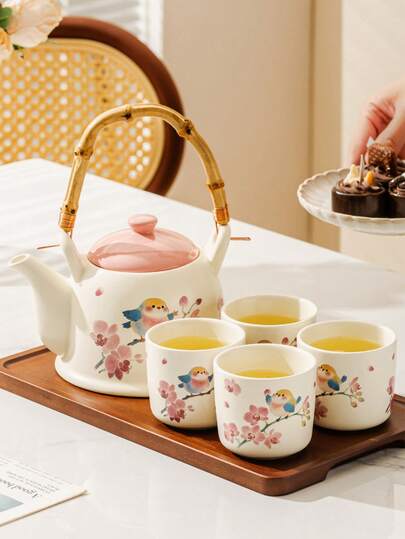 DearDali 1 Set Hand-Painted Underglaze Ceramic Tea Set, Fresh Pastoral Style With Floral & Bird, Sakura Pattern, Round Plump Shape, Bamboo Handle Design, Suitable For Spring Tea Party, Afternoon Tea With Friends, Holiday Gift