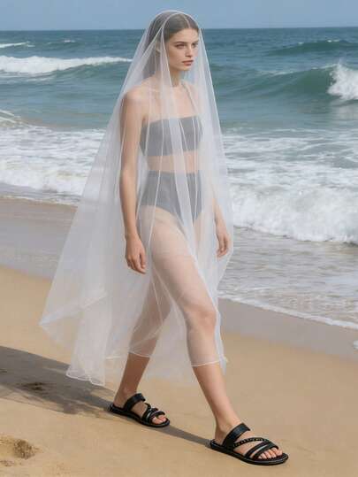 女士編織扁平拖鞋，開放式仿皮防滑鞋，度假和戶外沙灘拖鞋