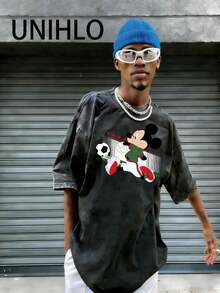 Disney UNIHLO  Mickey   Printed Summer Heavyweight Retro Washed Street Fashion Casual T-Shirt - Black - View 3