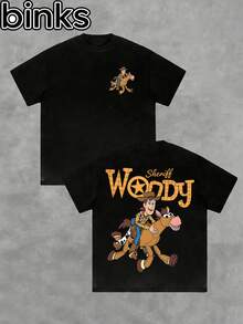 Disney Binks (Double-Sided Printing): Toy Story Woody Sheriff's Cartoon Printed Short Sleeved T-Shirt, A Fashionable And Loose Short Sleeved Street T-Shirt. Spring And Summer Fashionable Versatile Tops, Holiday Gifts, Vintage Prints. - 黑色 - 查看 2
