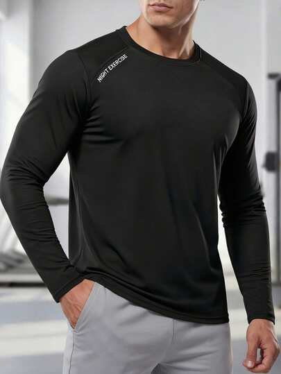 男士长袖跑步T恤，春秋季款，圆领运动跑步长袖上衣，简约时尚户外健身运动打底套头衫，适合休闲运动穿着