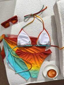 Conjunto de traje de baño de 3 piezas para mujer con falda triangular con cintura anudada, decoración de concha metálica y estampado de degradado multicolor para chica afortunada en vacaciones de verano en la playa - Naranja ardiente - Ver 2
