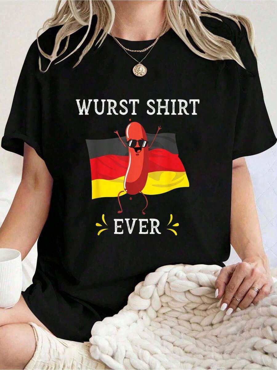 100% Cotton Wurst Ever Funny Oktoberfest German Sausage Germany T-Shirt Women's Men's Graphic Tee Comfort Crew Neck Summer Vacation Tops - màu đen - Xem 1