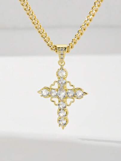 1pc European And American Classic Copper Inlaid Zirconia Cross Pendant Necklace, Hip-Hop Style Limited Edition "Light Of Protection", Suitable For Christmas/Thanksgiving/Halloween/Mother's Day/Valentine's Day Gifts For Couples/Friends/Godparents, Catholic First Communion, Gifts, Daily And Holiday Wear For Prayer