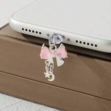 Cute Bow Phone Charm Dust Plug - Silver Metal Base With Colorful Star & Bowknot Design, Anti-Dust Phone Charging Port Pendant, Aesthetic Phone Accessory For Girls - Multicolor - View 11