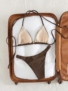 Women's Solid Color Triangle Neck Bikini Two Pieces Set With Metal Accessories Suitable For Island Vacation Swimming - Brown - View 3