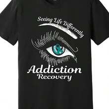 180GSM Pure Cotton Printed T-Shirt With Addiction Recovery Ribbon Recovered To Addiction Premium Design Men's Inspirational Style Soft Knitted Fabric Breathable Durable Easy To Clean And Perfect For Recovery Community Wear - màu đen - Xem 1