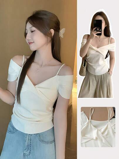 Summer Off-Shoulder Twist Design Off-Shoulder Short Sleeve Knit Top For Women, Pure Style, Cinched Waist, Slim Fit, Cropped Length