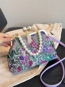 这款时尚的中国风晚宴手拿包采用撞色花卉印花设计，搭配简约的仿珍珠链条肩带、精致刺绣和可调节肩带，可斜挎或单肩背。适合婚礼、音乐节和正式场合。这款精致的花卉包尽显女性魅力。 - 彩色 - 查看 8