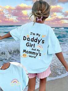 少女休闲趣味印花圆领短袖T恤，夏季上衣 - 淺藍色 - 查看 2