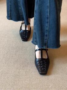 2026 Summer New French Retro Woven Square Toe Mule Shoes, Versatile Backless Slip-On Sandals For Commuting - Black - View 4