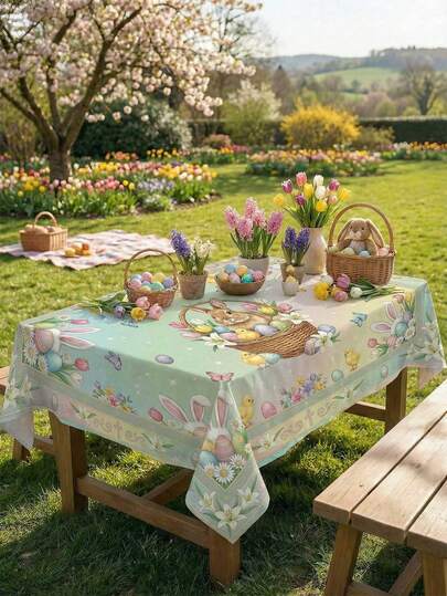 1pc-Watercolor Easter Tablecloth – 'He Is Risen' Religious Design With Bunny, Eggs & Spring Flowers | Wrinkle Resistant & Easy Clean, Polyester Fabric | Perfect For Indoor Dining, Outdoor Parties & Christian Family Gatherings