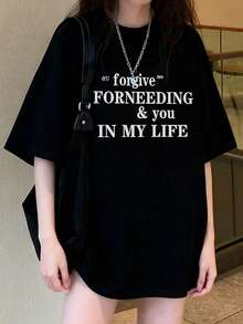 Women's Loose Fit Round Neck Short Sleeve Letter Print T-Shirt, Spring/Summer - Black - View 3