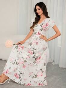 女士春夏优雅随机粉色碎花中长连衣裙 – 褶皱修身，休闲假日优雅风 - 杏色 - 查看 3