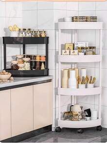 3/4/5-Tier Plastic Corner Shelf, Brushed Finish, Foldable Design, Easy Assembly, Space-Saving Triangular Rack With Wheels For Bathroom, Kitchen, Bedroom, Home & Office Storage Of Food, Tools, Cosmetics, Towels, Books - Freestanding Tiered Shelf, Shelves For Storage - White - View 3