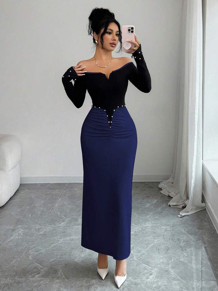 Elegant Women's Knitted Long Sleeve Off-Shoulder Ruched Dress With Pearl Details Spring - Royal Blue - View 6