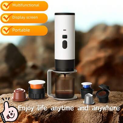 Máy pha cà phê espresso di động chất lượng cao được nâng cấp, kiểu dáng tối giản hiện đại, bền bỉ, máy pha cà phê viên nén thông minh hai nhiệt độ với sạc USB và chức năng tự làm nóng, làm nóng nhanh và pha espresso điện.