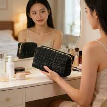 Chic Tweed Cosmetic Bag Black With Gold Zipper Large Capacity Travel Toiletry Pouch - Multicolor - View 2