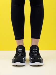 女士纯白色针织套脚运动鞋，休闲轻便透气舞蹈鞋 - 1864黑白 - 查看 4