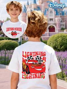 Disney Boys' T-Shirts, Cartoon Cars, 95 Racing Prints, Text, Cartoons, Animations, Summer Casual Outdoor Games, Boys' Round Neck Short Sleeves, Easter Tops, New School Clothes, Boys' Street Outfits, Easter New Clothes - 白色 - 查看 1