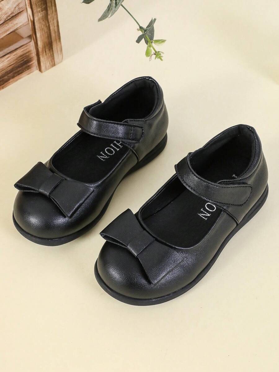 1 Pair Fashion Solid Color Bow Round Toe Hook And Loop Flat Shoes, Comfortable & Soft, Suitable For School, Commuting, All Seasons - Black - View 1